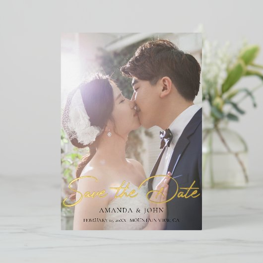 2 Foto Save the Date Weduwing Invitation Gold Folie Uitnodiging (Staand Voorkant)