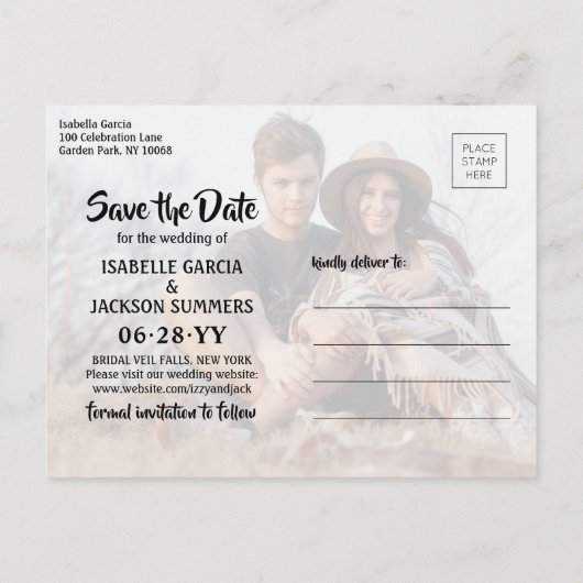 2 Foto Stijlvolle Calligrafie Weddenschap Opslaan  Aankondigingskaart (Achterkant)