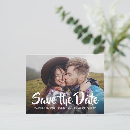 2 Foto Stijlvolle Calligrafie Weddenschap Opslaan Aankondigingskaart (Staand voorkant)