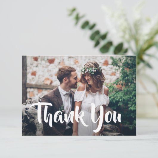 2 Foto Stijlvolle moderne Script Calligraphy Weddi Bedankkaart (Staand voorkant)