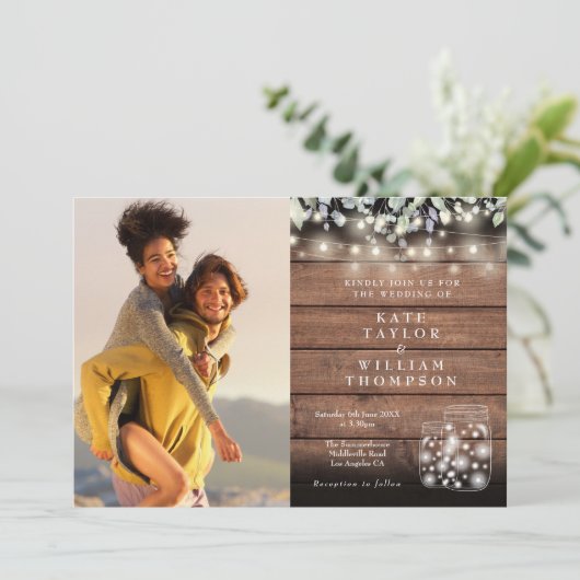 2 Foto String Lights Rustic Jars Greenery Wedding Kaart (Staand voorkant)