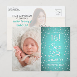 2 Foto Sweet 16 Birthday Blauwgroen Blue Save the  Uitnodiging Briefkaart