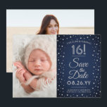 2 Foto Sweet 16 Birthday Chic Navy Blue Confetti Save The Date<br><div class="desc">Nodig familie en vrienden uit voor een komende 16de Sweet-viering voor haar of hem met deze stijlvolle 2 foto blauw, grijs & faux zilver 3.5x5" behalve de datumuitnodiging. (AFBEELDING PLAATSEN TIP: Een gemakkelijke manier om een foto precies te centreren hoe u wilt is het bebouwen alvorens aan de website van...</div>