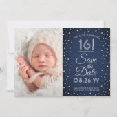 2 Foto Sweet 16 Birthday Chic Navy Blue Confetti Save The Date (Voorkant)