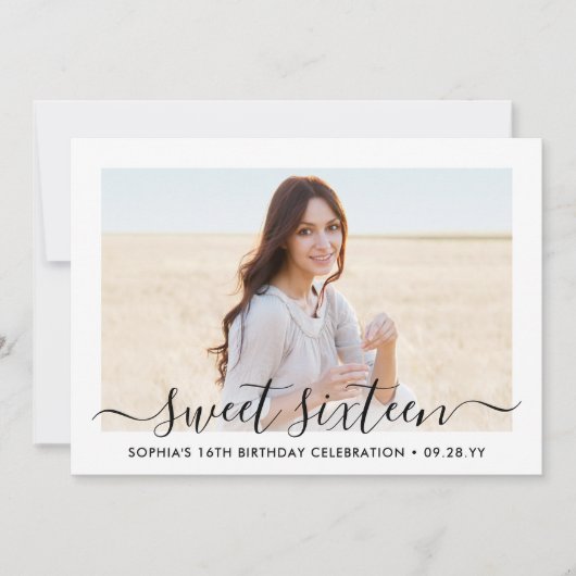 2 Foto Sweet 16 Birthday Modern Elegant Script Kaart (Voorkant)