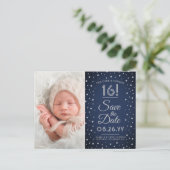 2 Foto Sweet 16 Birthday Navy Blue Save the Date Uitnodiging Briefkaart (Staand voorkant)