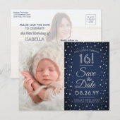 2 Foto Sweet 16 Birthday Navy Blue Save the Date Uitnodiging Briefkaart (Voorkant / Achterkant)