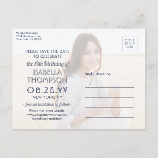 2 Foto Sweet 16 Birthday Navy Blue Save the Date Uitnodiging Briefkaart (Achterkant)