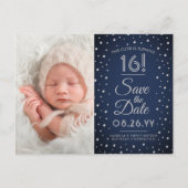 2 Foto Sweet 16 Birthday Navy Blue Save the Date Uitnodiging Briefkaart (Voorkant)