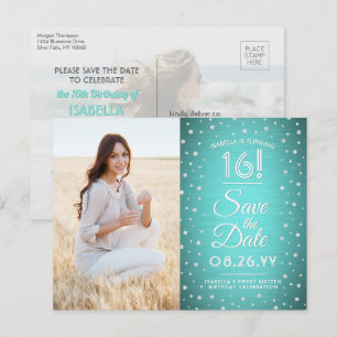 2 Foto Sweet 16 Birthday Save the Date Blauwgroen  Uitnodiging Briefkaart