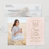 2 Foto Sweet 16 Birthday Save the Date Blush Gold Uitnodiging Briefkaart (Voorkant / Achterkant)
