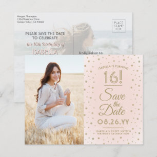 2 Foto Sweet 16 Birthday Save the Date Blush Gold Uitnodiging Briefkaart