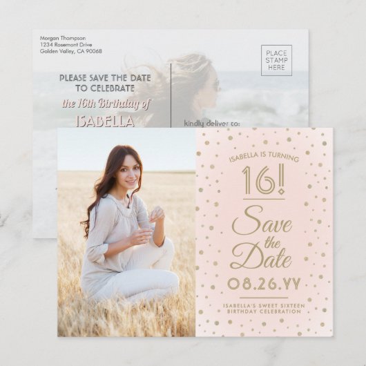 2 Foto Sweet 16 Birthday Save the Date Blush Gold Uitnodiging Briefkaart (Voorkant / Achterkant)