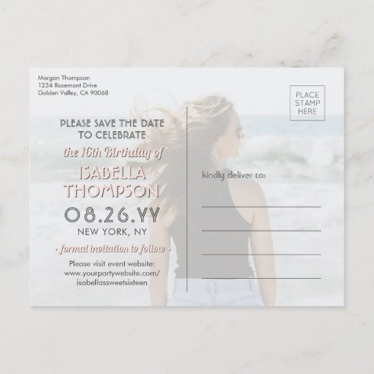 2 Foto Sweet 16 Birthday Save the Date Blush Gold Uitnodiging Briefkaart (Achterkant)