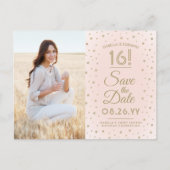2 Foto Sweet 16 Birthday Save the Date Blush Gold Uitnodiging Briefkaart (Voorkant)