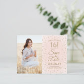 2 Foto Sweet 16 Birthday Save the Date Blush Gold Uitnodiging Briefkaart (Staand voorkant)