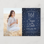 2 Foto Sweet 16 Birthday Save the Date Navy Blue Uitnodiging Briefkaart (Voorkant)