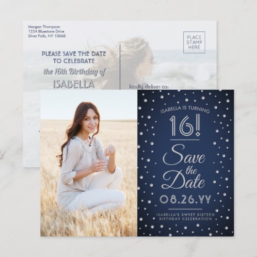 2 Foto Sweet 16 Birthday Save the Date Navy Blue Uitnodiging Briefkaart (Voorkant / Achterkant)