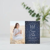 2 Foto Sweet 16 Birthday Save the Date Navy Blue Uitnodiging Briefkaart (Staand voorkant)