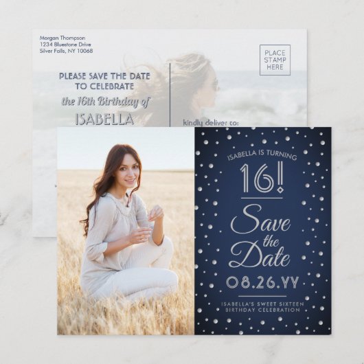 2 Foto Sweet 16 Birthday Save the Date Navy Blue Uitnodiging Briefkaart (Voorkant / Achterkant)