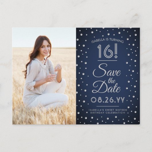2 Foto Sweet 16 Birthday Save the Date Navy Blue Uitnodiging Briefkaart (Voorkant)