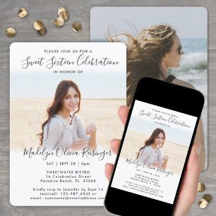 2 Foto Sweet 16 Chic Modern Elegant Script Kaart