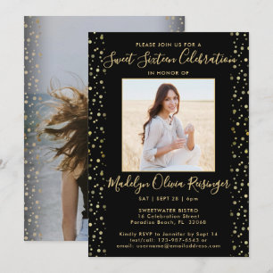 2 Foto Sweet 16 Modern Black en Gold Glitter Kaart