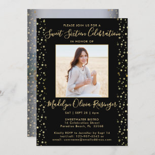 2 Foto Sweet 16 Modern Black en Gold Glitter Kaart