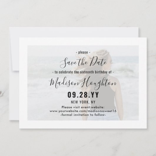 2 Foto Sweet 16th Birthday Chic Script Zestiende Save The Date (Achterkant)