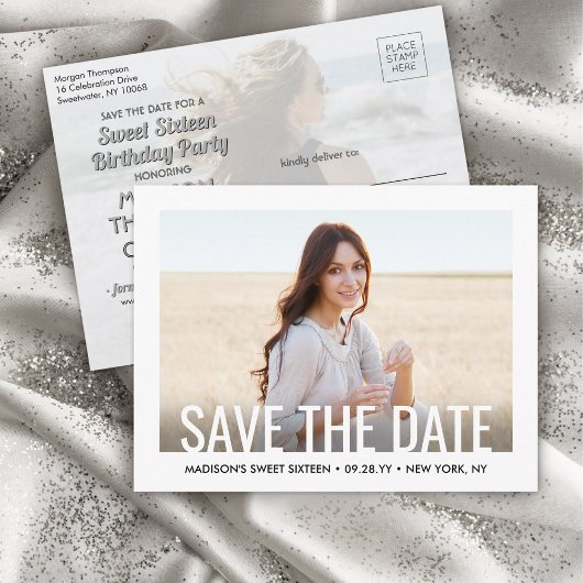 2 Foto Sweet 16th Birthday Modern Save the Date Aankondigingskaart