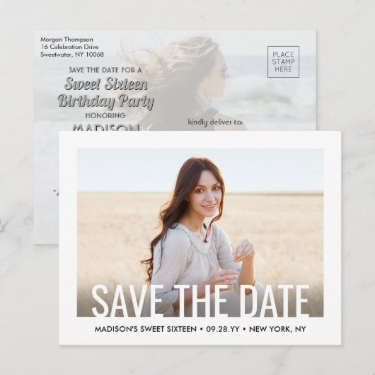 2 Foto Sweet 16th Birthday Modern Save the Date Aankondigingskaart (Voorkant / Achterkant)