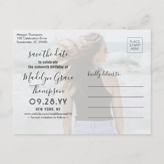 2 Foto Sweet 16th Birthday Script Save the Date Aankondigingskaart (Achterkant)