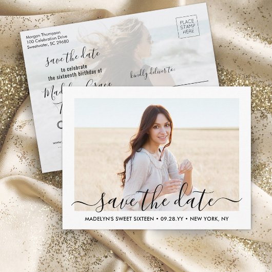 2 Foto Sweet 16th Birthday Script Save the Date Aankondigingskaart