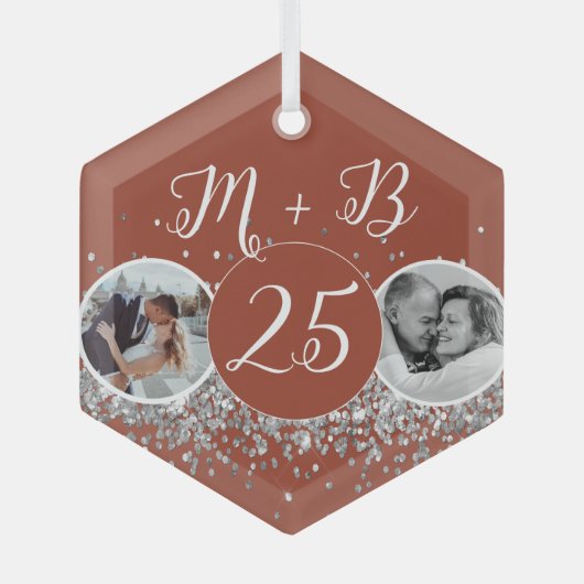 2 Foto Toen en Nu Bruiloft Jubileum Glas Ornament (Voorkant)