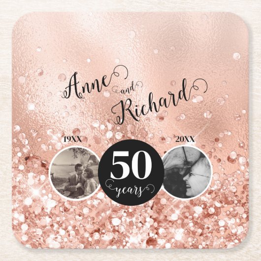 2 Foto "Toen en Nu" Bruiloft Jubileum Kartonnen Onderzetters (Voorkant)