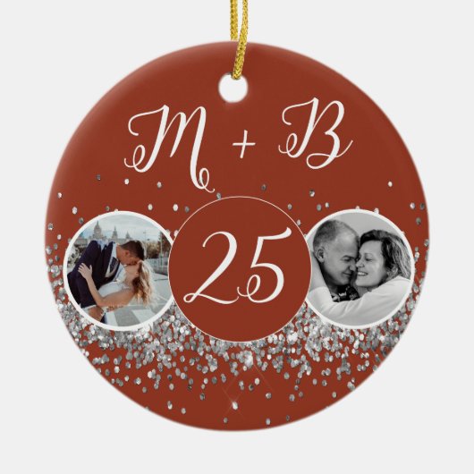 2 Foto Toen en Nu Bruiloft Jubileum Keramisch Ornament (Voorkant)