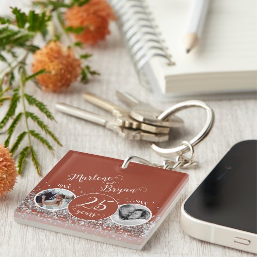 2 Foto "Toen en Nu" Silver Wedding Jubileum Sleutelhanger (Voorkant Rechts)