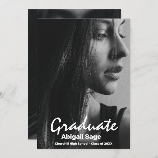 2 Foto Trendy Modern White Text Afstuderen Kaart (Voorkant / Achterkant)