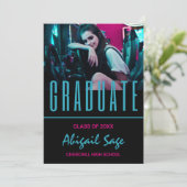 2 Foto Trendy Moderne Aqua Roze Zwarte Afstuderen Kaart (Staand voorkant)