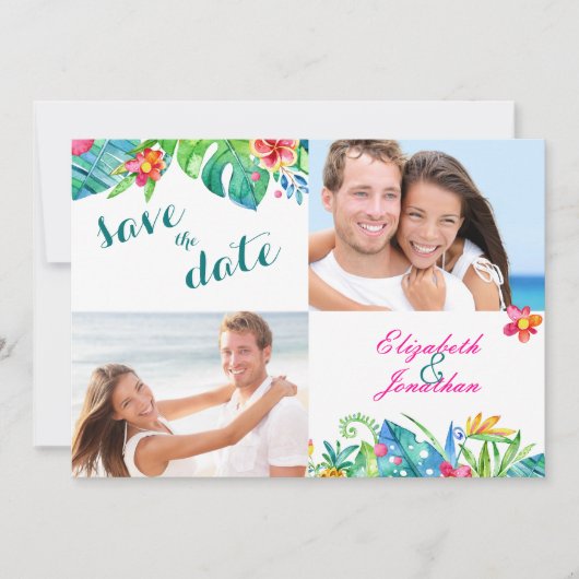 2 Foto Tropical Berry Pink Blauwgroen Floral Chevr Save The Date (Voorkant)