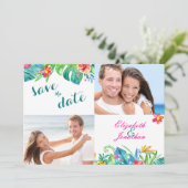 2 Foto Tropical Berry Pink Blauwgroen Floral Chevr Save The Date (Staand voorkant)