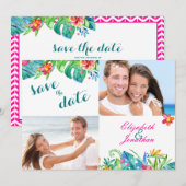 2 Foto Tropical Berry Pink Blauwgroen Floral Chevr Save The Date (Voorkant / Achterkant)
