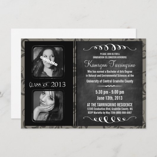 2 Foto van Chalkboard Afstuderen Grayscale Damask Kaart (Voorkant / Achterkant)