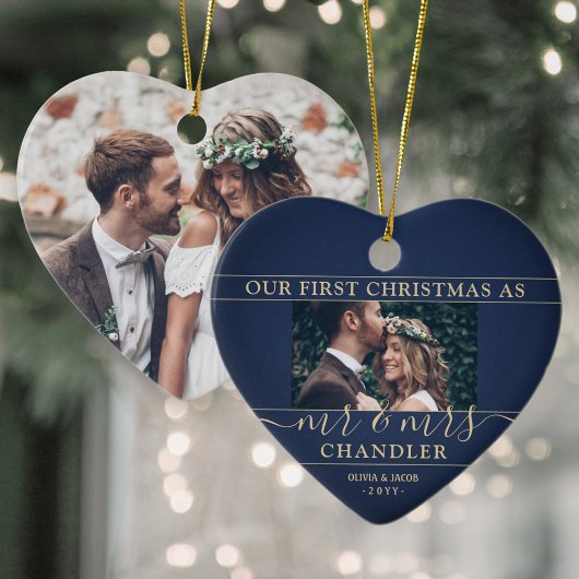 2 Foto van de heer & Mrs. 1st-kerstmarine en Gold  Keramisch Ornament