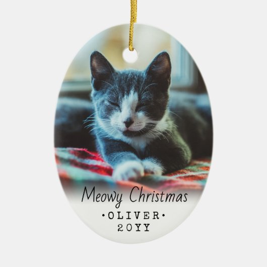 2 Foto van elke tekstmoowy kerstkat Eenvoudig wit Keramisch Ornament (Voorkant)