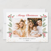 2 Foto van Merry Christmas Holly Berries Greenery Feestdagenkaart (Voorkant)