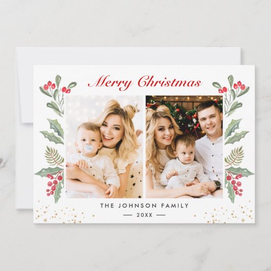 2 Foto van Merry Christmas Holly Berries Greenery Feestdagenkaart (Voorkant)