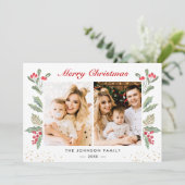 2 Foto van Merry Christmas Holly Berries Greenery Feestdagenkaart (Staand voorkant)