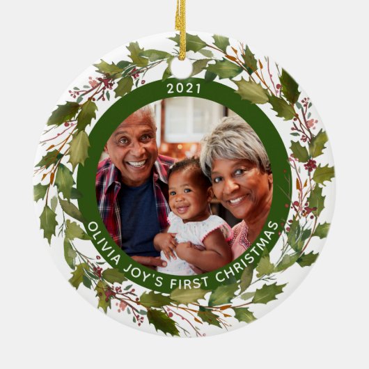 2-Foto van ons eerste kerstfeest als grootouders m Keramisch Ornament (Achterkant)