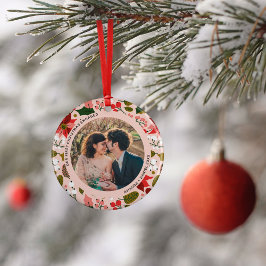 2 Foto van onze eerste kerst met roze Floral Keramisch Ornament